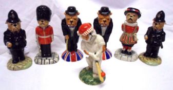 A set of six Peggy Davies Ceramics Bulldogs: Bobby Bulldog, BD006 x 2; Beefeater Bulldog, BD101;