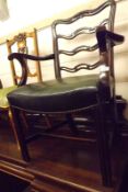 A 19th Century Mahogany Ladder Back Carver Chair with green leather seat, raised on square legs, 24”