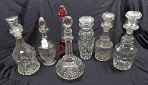 A Mixed Lot of six various 19th Century and later Clear Cut Glass Decanters; together with a