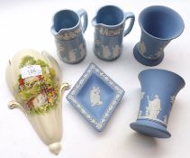 A Mixed Lot comprising: pair of Wedgwood Jasperware Vases; pair of similar Jugs and a similar Pin