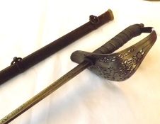 Edward VII Infantry Officer’s Sword, etched blade 32 ½”, wire-bound fish-skin grip, metal scabbard