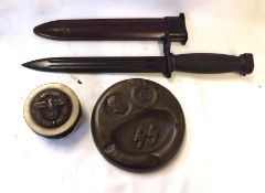 Third Reich Metal and Composition Circular Snuff Box, Eagle and Swastika Wreath insignia to the lid,