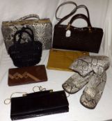 A collection of mixed Vintage Handbags to include: Square Faux Snakeskin Bag with matching stretch