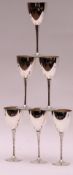 A Set of Six Queen Elizabeth II Goblets or Wines, plain tapering bowls to bark-formed stems,