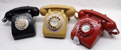 A collection of three 1970s Plastic Telephones, finished in black, ochre and red, 5 ½” wide