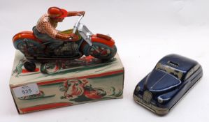 A Marke Technofix Tinplate Clockwork Vintage Motorcycle Racer, in original box; a Friction-Powered