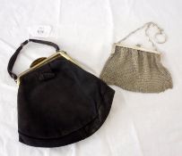 An early 20th Century Black Suede Evening Bag; together with a White Metal Mesh Purse (2)