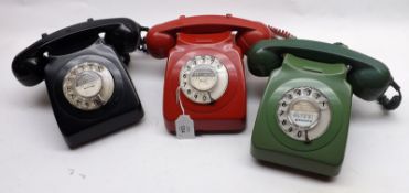 A collection of three 1970s Plastic Telephones, finished in red, green and black, 5 ½” wide