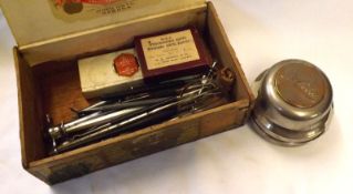 Tin: “Solila” Dentist’s Drills + Cigar Box: assorted Dentist’s Equipment