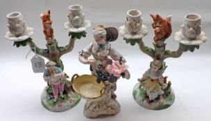 A pair of Meissen-style two-branch Candelabra modelled as a tree with attendance squirrel and