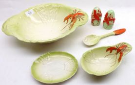 A Carltonware leaf-formed Dish, decorated with lobster detail; together with matching Salt and