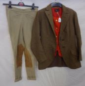 A 1940s/50s Fitted Brown Tweed Hacking style Jacket; together with a Red Wool Waistcoat and Jodhpurs