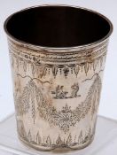 A mid-Victorian Heavy Gauge Tapering Beaker, decorated with chased floral detail and heraldic crest,