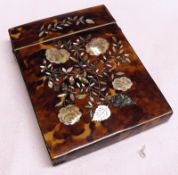 A Victorian Rectangular Tortoiseshell and Mother-of-Pearl inlaid Card Case with hinged lid, 4”