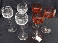 A Mixed Lot comprising: a set of six 20th Century Ruby and Clear Glass Hock Glasses with cut