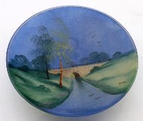 An unusual early 20th Century Coloured Frosted Glass Bowl, painted with a rural river scene,