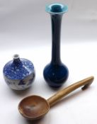 A Mixed Lot comprising: a Vintage Wooden Ladle; an early 20th Century narrow-necked Japanese Vase