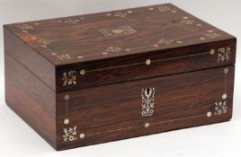 A 19th Century Rosewood Work/Vanity Box, the lid inlaid with mother-of-pearl foliate panels and