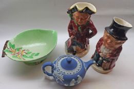 A Mixed Lot comprising: a Blue Wedgwood Jasperware Teapot, typically decorated with classical