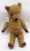 A mid-20th Century Straw and Plush-filled Golden Mohair Teddy Bear, glass eyes with black stitched