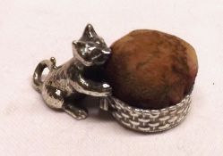 A 20th Century Plated Novelty Pin Cushion, in the form of a kitten by basket, 2” long, no marks
