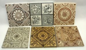 A collection of six various Tiles circa early 20th Century, all painted with floral designs,