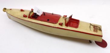 A Hornby Tinplate Racer III Speedboat, red and cream livery, 16” long