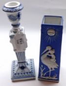 A Royal Copenhagen Single Candlestick, decorated with blue and white detail; and a further square