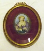 A Small Framed Miniature Picture of young lady on porcelain in an oval metal framed ribbon mount, 6”