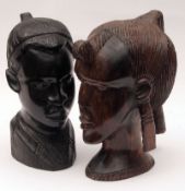 Two 20th Century Carved African Hardwood Busts, male and female figures, largest 10” high (2)
