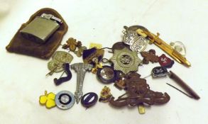 A Box: various mixed small Military Cap Badges; Vintage Ronson Lighter and others