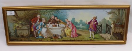 An unusual Rectangular Continental Ceramic Picture, painted with picnic scene, bears signature