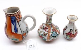 An 18th Century Chinese Export Sparrow Beak Jug, painted in colours with Mandarin figures;