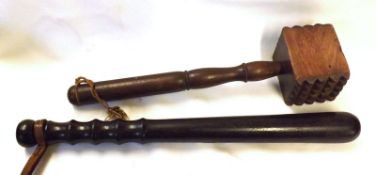 Vintage Treen Truncheon, turned wood handle, leather strap, 15” + Wooden Mallet, 12” (2)