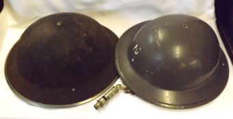 Two WWII period Tin Helmets plus “The Metropolitan” Police Whistle