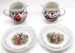 A Mixed Lot comprising: two Squat Gaudy Welsh Jugs and two Ribbon Plates, largest piece 8” wide (4)