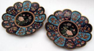 A pair of Cloisonné Foliate Formed Circular Plates, decorated predominantly with stylised dragons