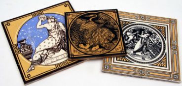 A collection of three Minton and other pictorial Tiles, one decorated with a scene of The Lion and