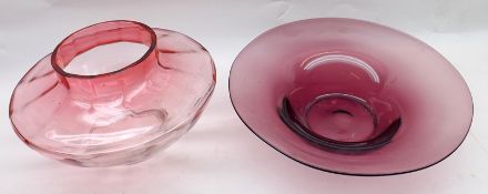 A Mixed Lot comprising: a large Cranberry Tinted Circular Glass Vase, with raised lip; together with