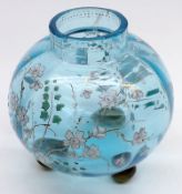 A Moser type Blue Spherical Glass Bowl, decorated with floral sprays, raised on three small amber