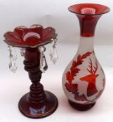 A Mixed Lot comprising: a Bohemian narrow-necked Ruby and Opaque Glass Vase with floral