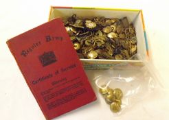 Box: assorted Military Cap Badges, Buttons, Shoulder Titles etc + a few GWR Buttons