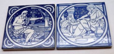 Two Minton Tiles, each printed in blue with scenes of “The Weaver” and the other a biblical scene “