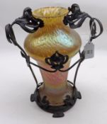 A modern Tiffany style Iridescent Glass Vase of tapering form, in fitted Art Nouveau style metal