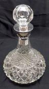 A modern Clear Glass Hobnail Cut Decanter, with Birmingham hallmarked Silver collar, 10” high