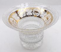 A large Clear Glass Hobnail Cut Tapering Pedestal Vase, with gilt decoration, 10” diameter