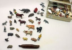 A Tin containing a small quantity of assorted painted Lead Farm Animals, Zoo Animals, Figures and