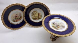An English Porcelain part Dessert Set, comprising: Tazza and two Cabinet Plates, decorated with