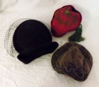 Three Vintage Hats, to include: a Ladies Black Felt Hat with net veil; a Red and Green Embroidered