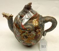 A Satsuma Teapot, well decorated in colours, the handle, lid and spout formed as the head and body